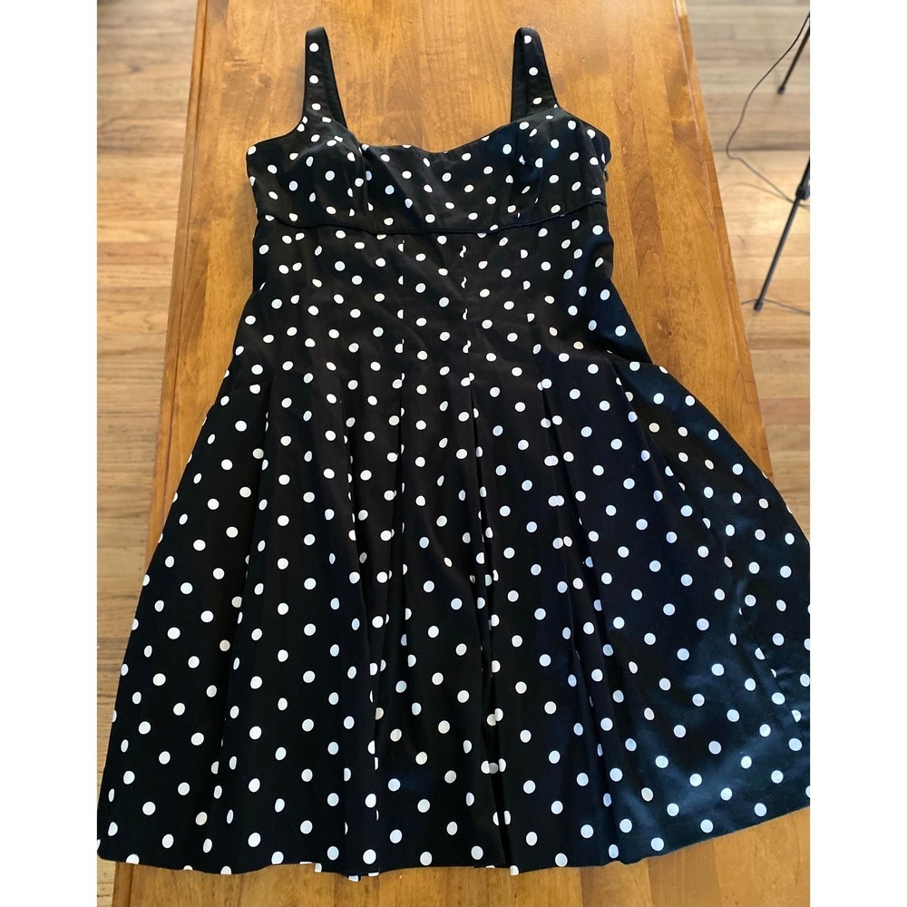 Lauren Ralph Lauren Black White Polka Dot Fit Flare Dress Sleeveless Pockets 14
